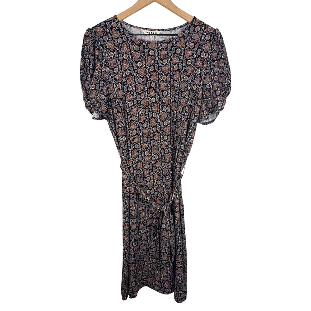 NWT Boden D0534 Knot Detail Jersey Dress 10R Black Paisley Puff Sleeve